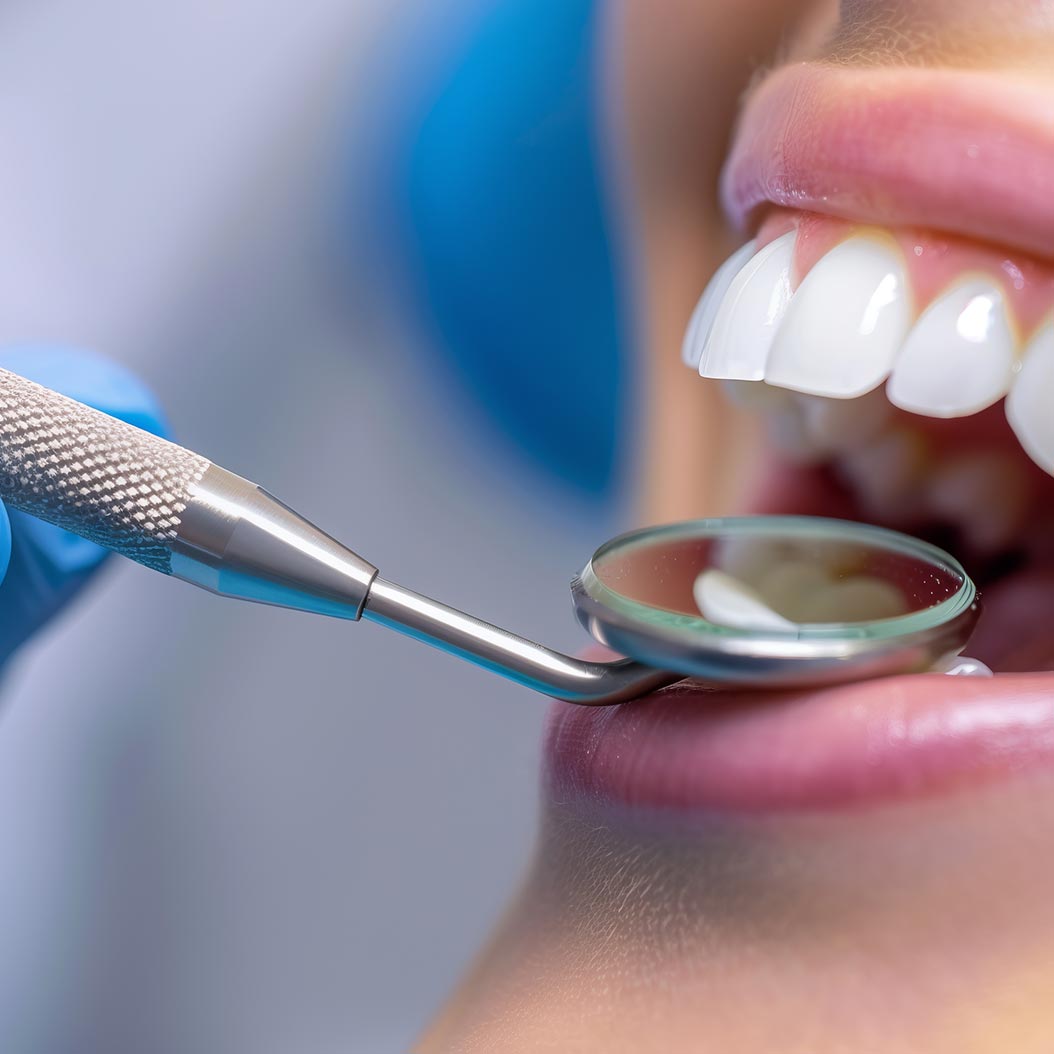 Gros plan d’une bouche entrouverte avec des dents blanches visibles, un miroir dentaire placé contre les dents et un instrument métallique tenu près de la lèvre inférieure.